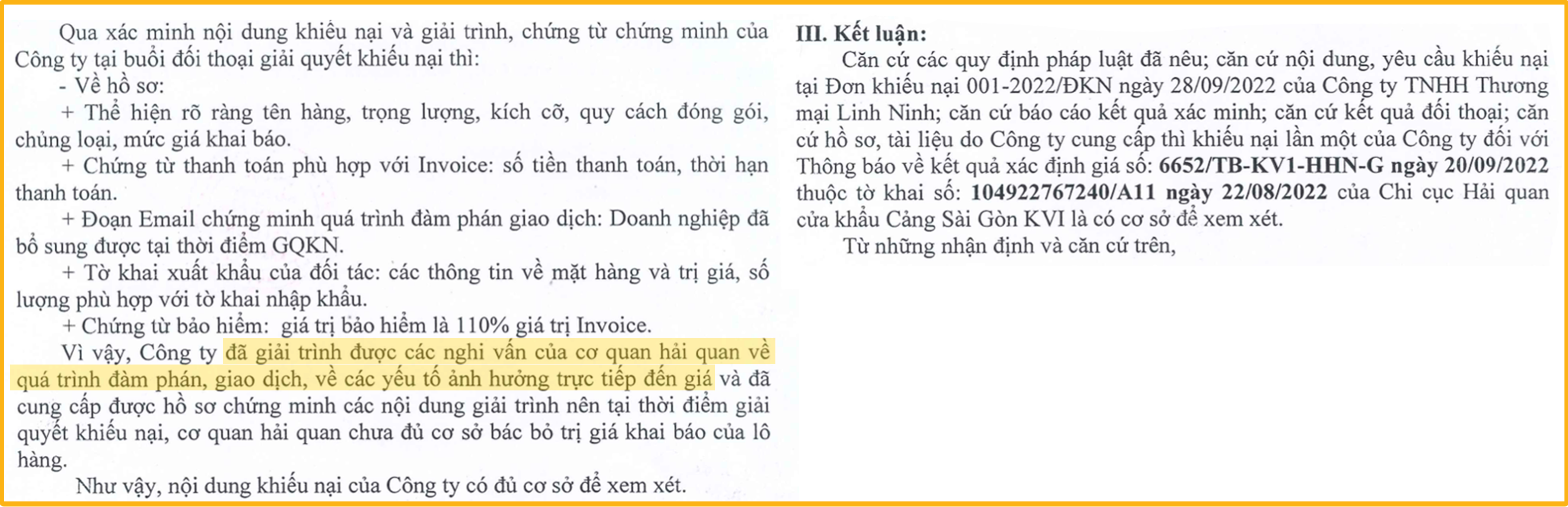 kết quả khiếu nại tham vấn giá